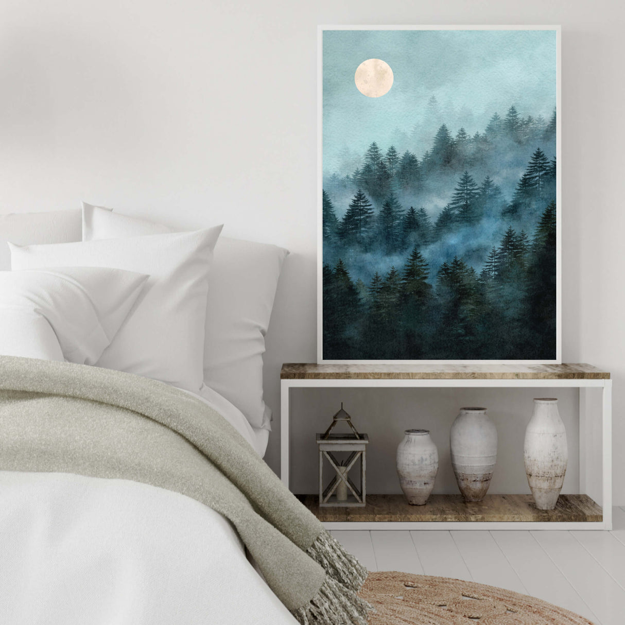 Watercolor forest pine mountain landscape print with moon and fog for neutral home decor, boho home decor, white home decor.