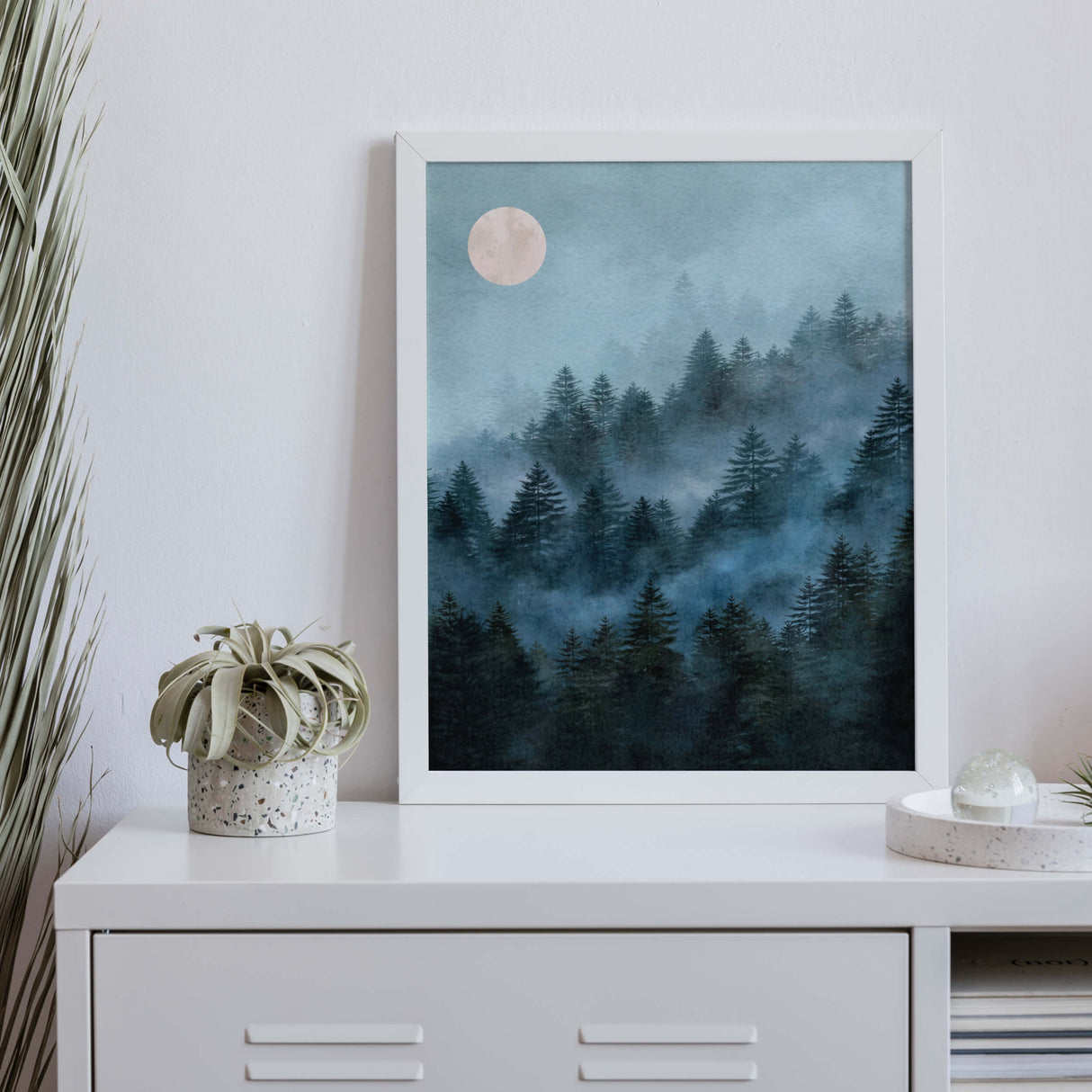 Watercolor forest pine mountain landscape poster with moon and fog for neutral home decor.
