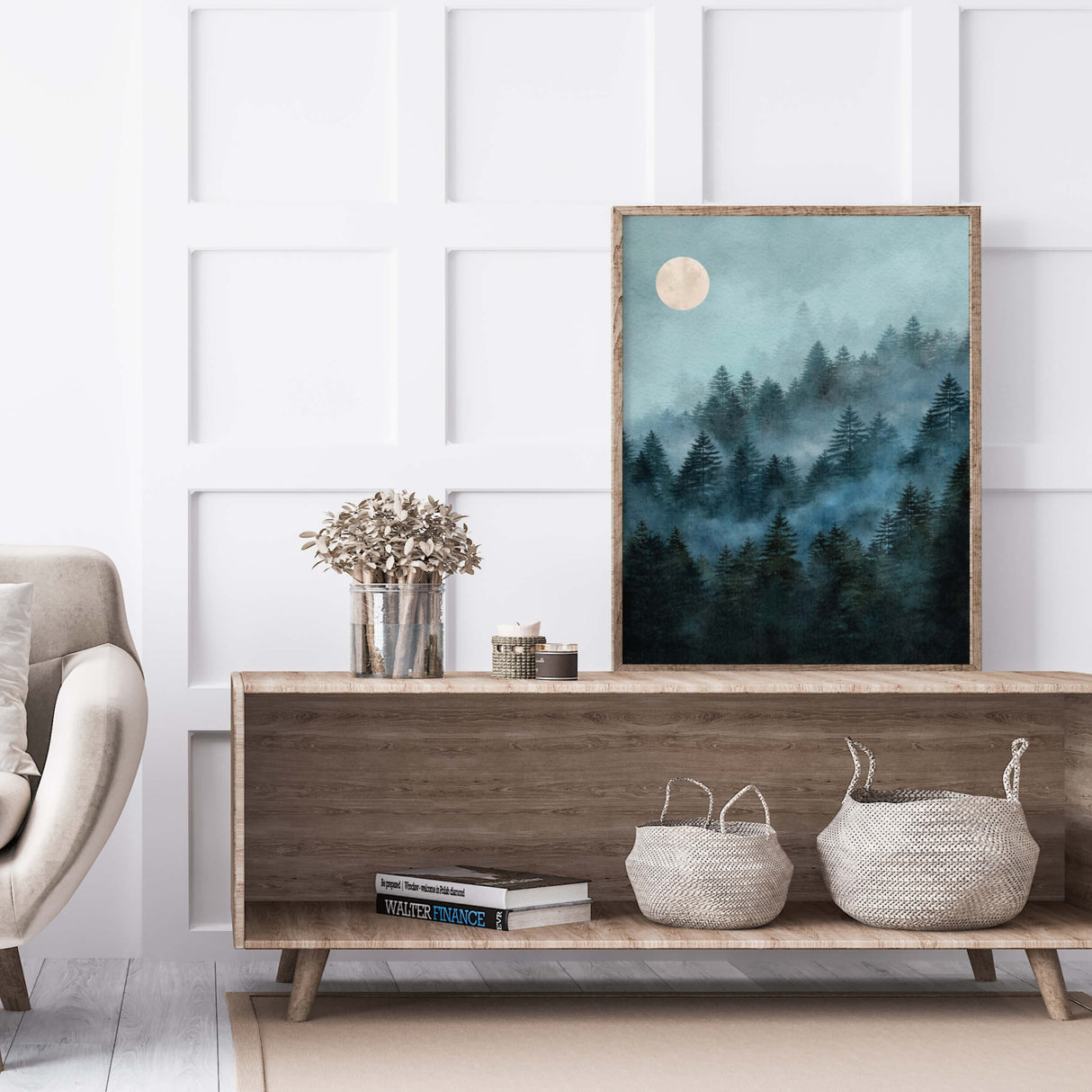 Watercolor forest pine mountain landscape poster with moon and fog for neutral home decor, boho home decor.