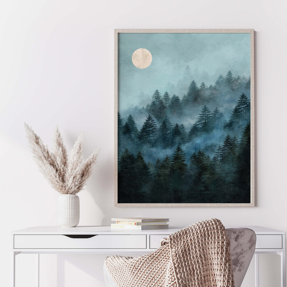 Watercolor forest pine mountain landscape print with moon for neutral home decor.