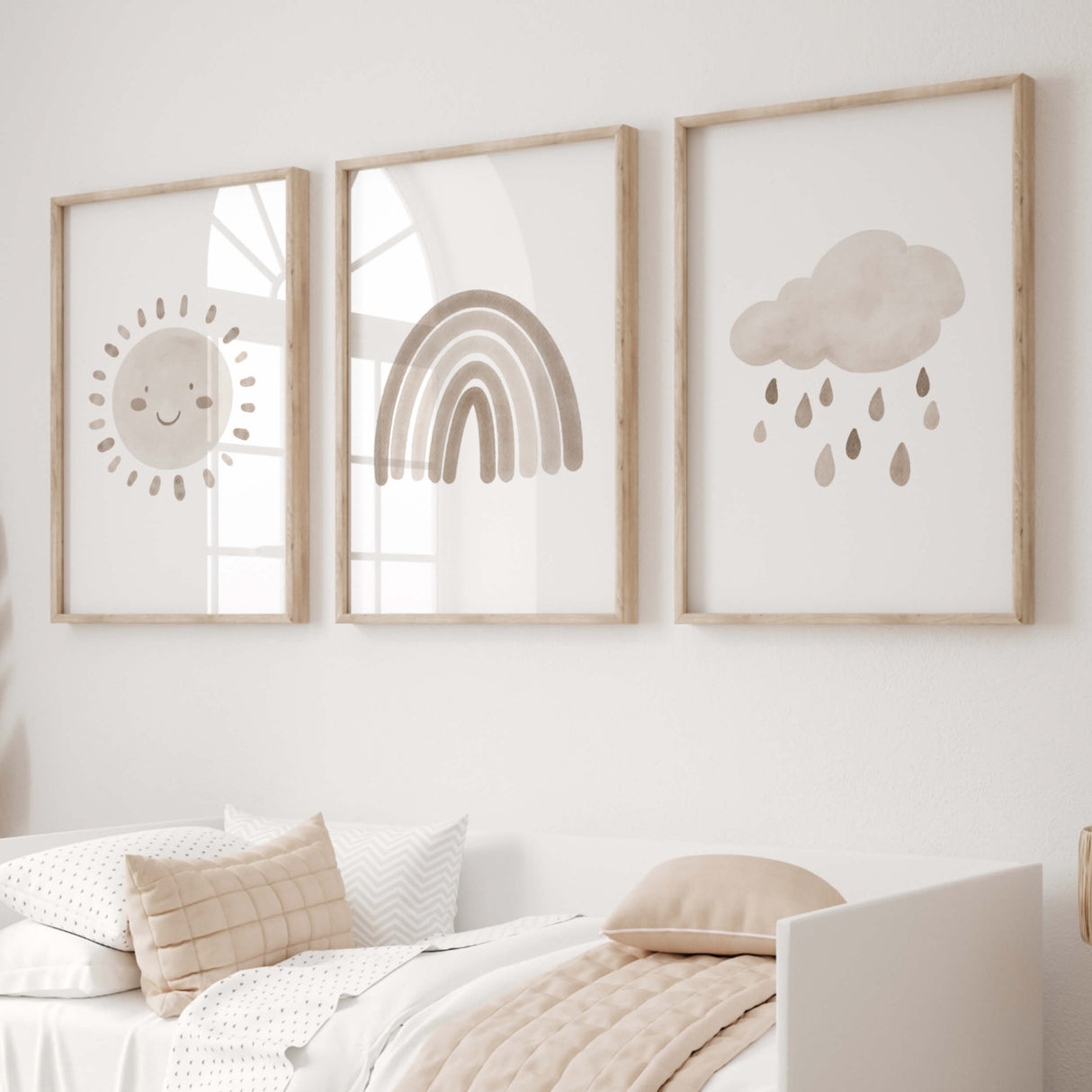 Set of 3 watercolor boho nursery printable with rainbow, sunshine, rain cloud  in  brown and beige colors for gender neutral  nursery decor and kids decor, baby boys room decor, baby girls room decor, boho nursery decor.