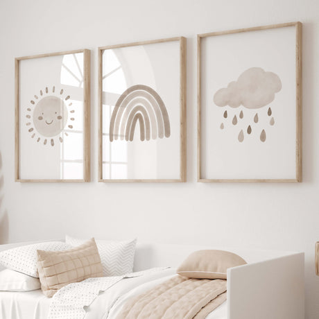 Set of 3 watercolor boho nursery printable with rainbow, sunshine, rain cloud  in  brown and beige colors for gender neutral  nursery decor and kids decor, baby boys room decor, baby girls room decor, boho nursery decor.