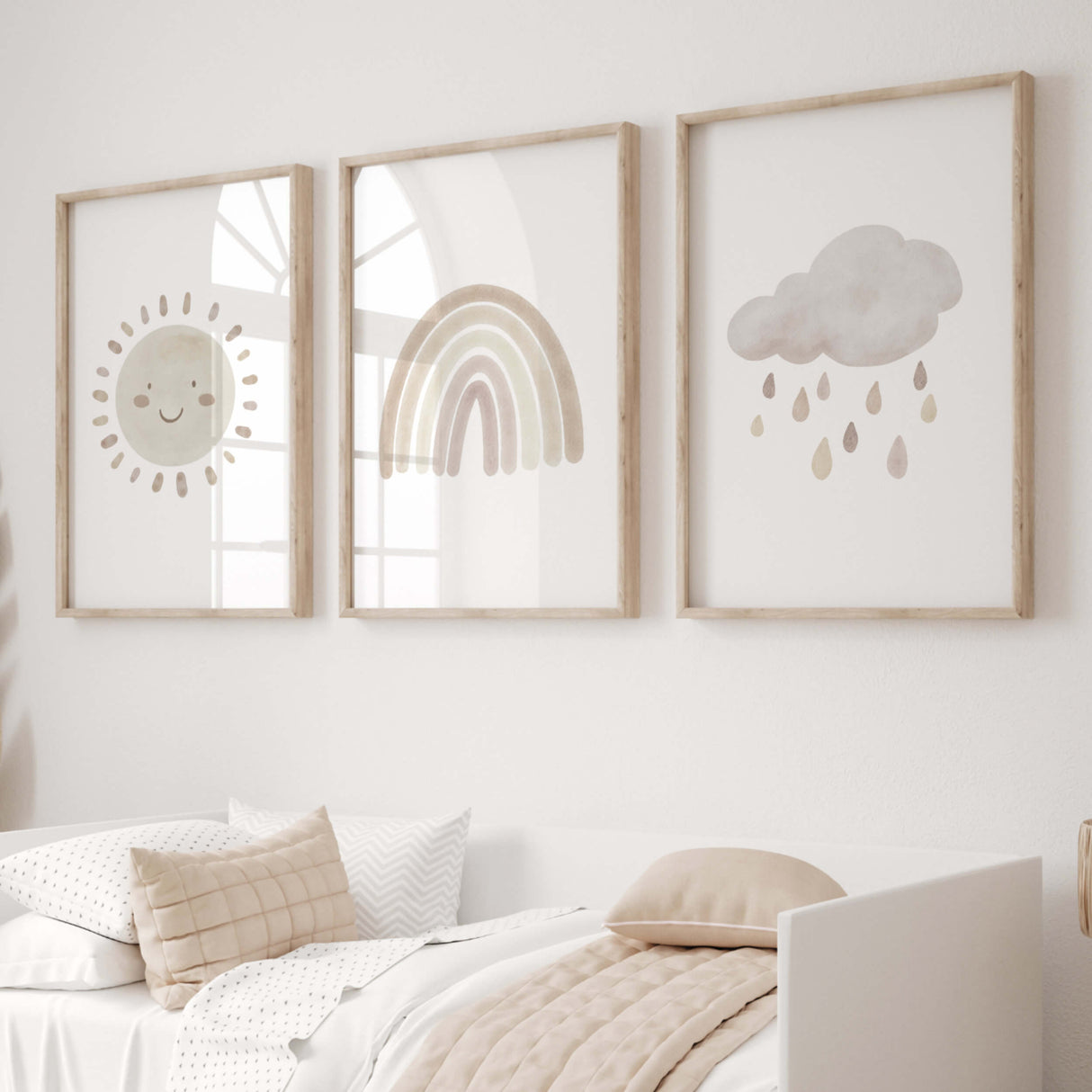 Set of 3 watercolor boho nursery print with rainbow, sunshine, rain cloud in pink, brown and beige colors for gender neutral nursery decor and boho nursery decor, baby girls room decor.