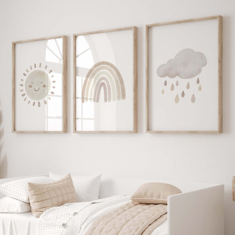 Set of 3 watercolor boho nursery print with rainbow, sunshine, rain cloud in pink, brown and beige colors for gender neutral  nursery decor and boho nursery decor, baby girls room decor.