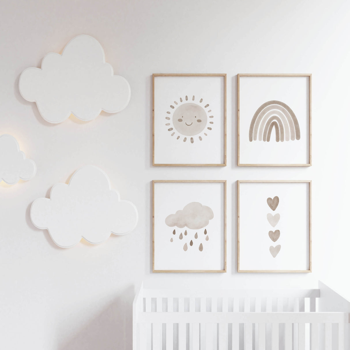 Set of 4 watercolor boho nursery print with rainbow, sunshine, rain cloud and hearts in  brown and beige colors for gender neutral  nursery decor and kids decor, baby boys room decor, baby girls room decor, boho nursery decor.