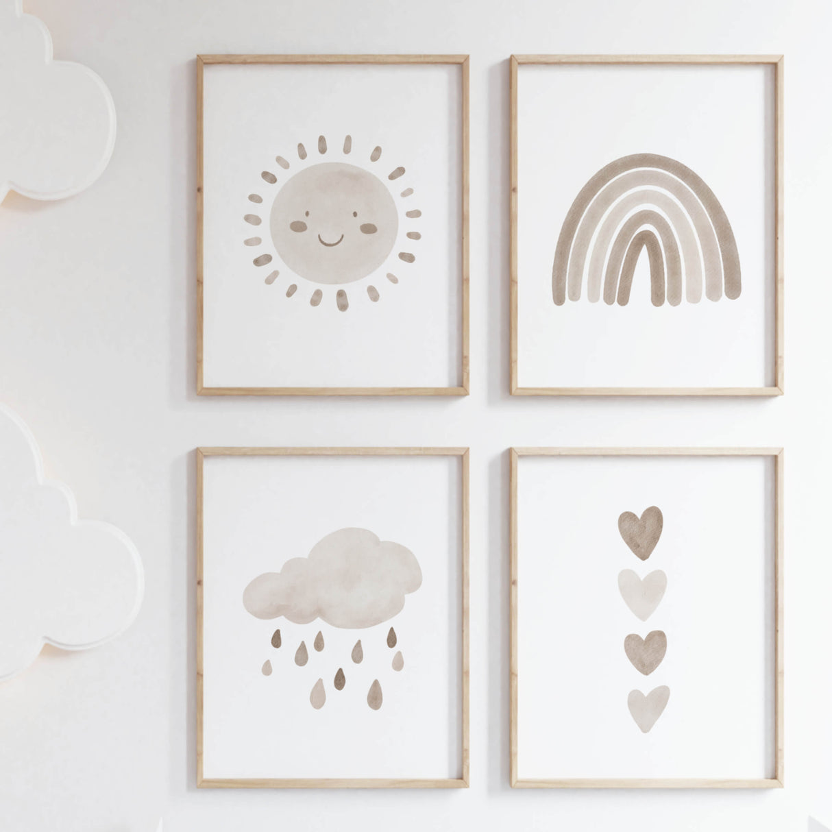 Set of 4 watercolor boho nursery print with rainbow, sunshine, rain cloud and hearts in  brown and beige colors for gender neutral  nursery decor and kids decor, baby boys room decor, baby girls room decor, boho nursery decor.