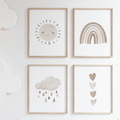 Set of 4 watercolor boho nursery print with rainbow, sunshine, rain cloud and hearts in  brown and beige colors for gender neutral  nursery decor and kids decor, baby boys room decor, baby girls room decor, boho nursery decor.