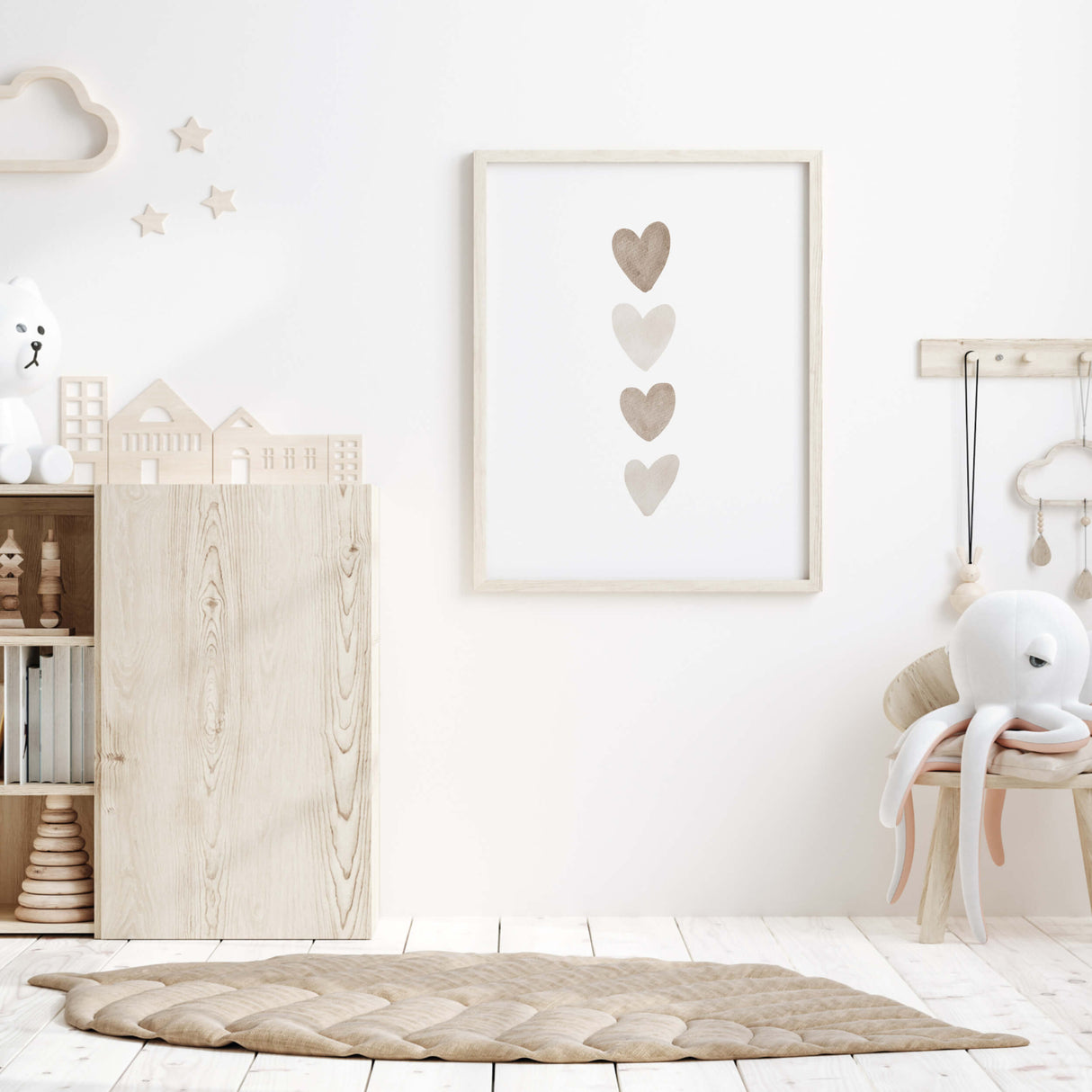 Watercolor boho nursery print with hearts in  brown and beige colors for gender neutral  nursery decor and kids decor, baby boys room decor, baby girls room decor, boho nursery decor.