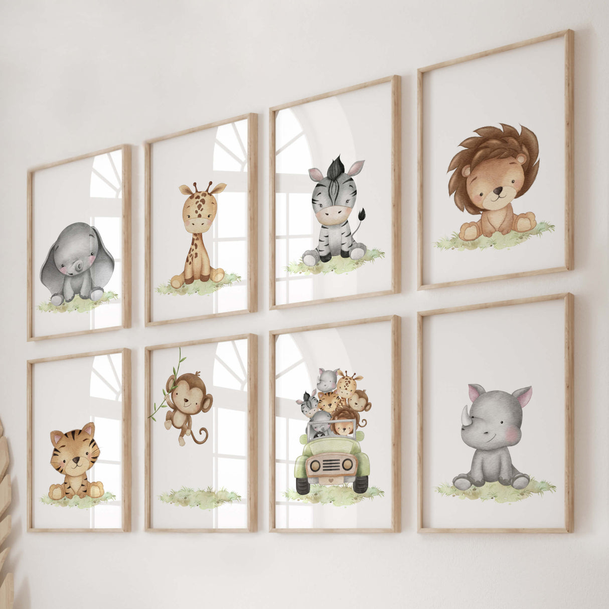 Set of 8 watercolor safari baby animals printable for gender neutral nursery ideas and decor, includes: elephant, giraffe, zebra, lion, tiger, monkey, safari car with animals and rhino.