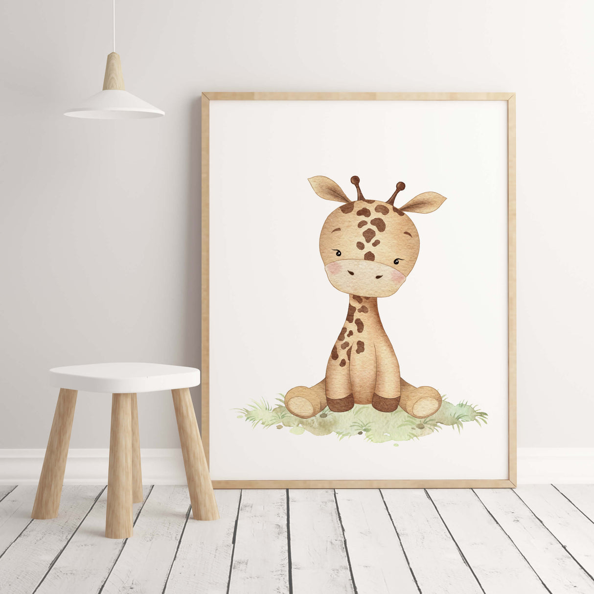 Watercolor safari baby animal with giraffe print for gender neutral nursery ideas and decor.