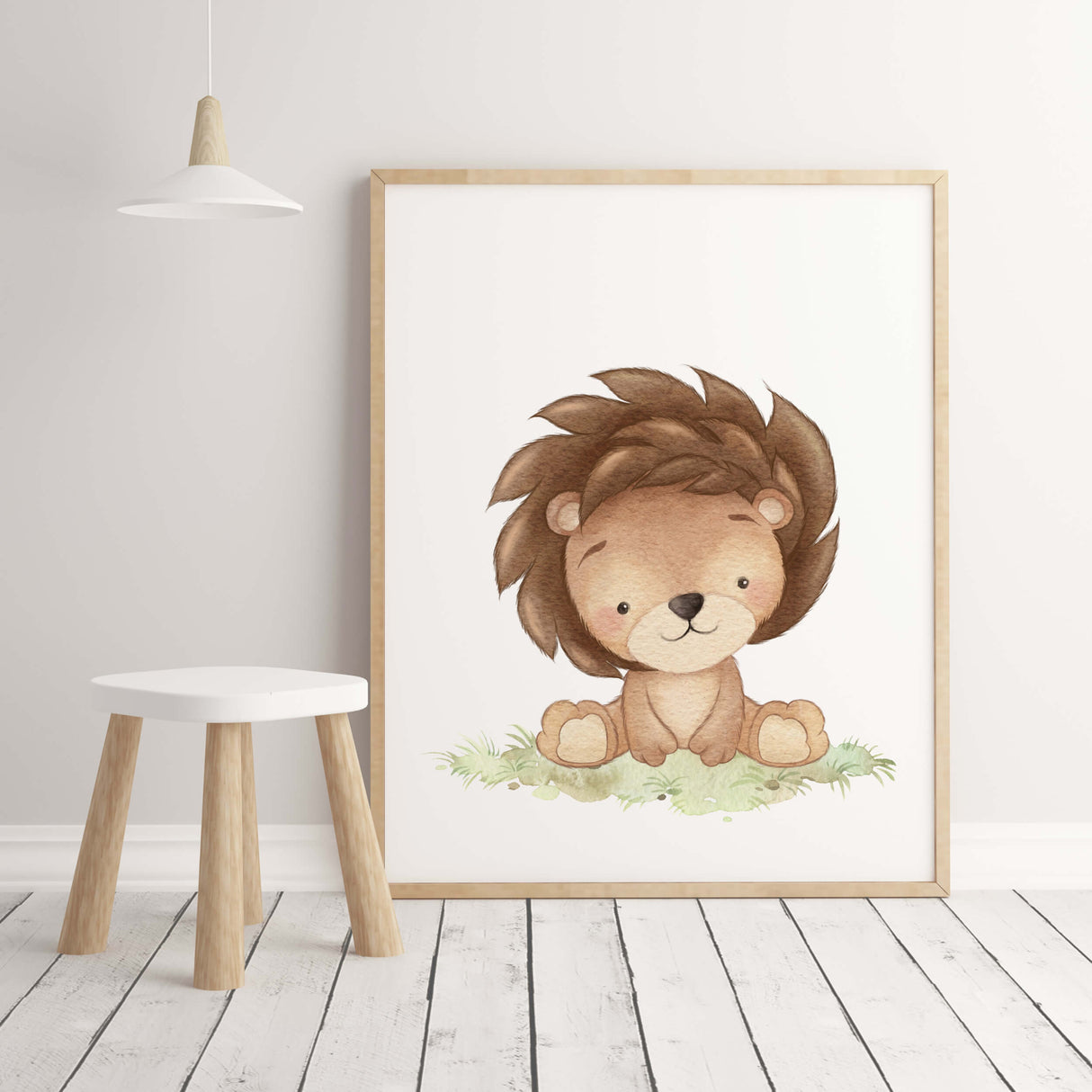 Watercolor safari baby animal with lion print for gender neutral nursery ideas and decor.