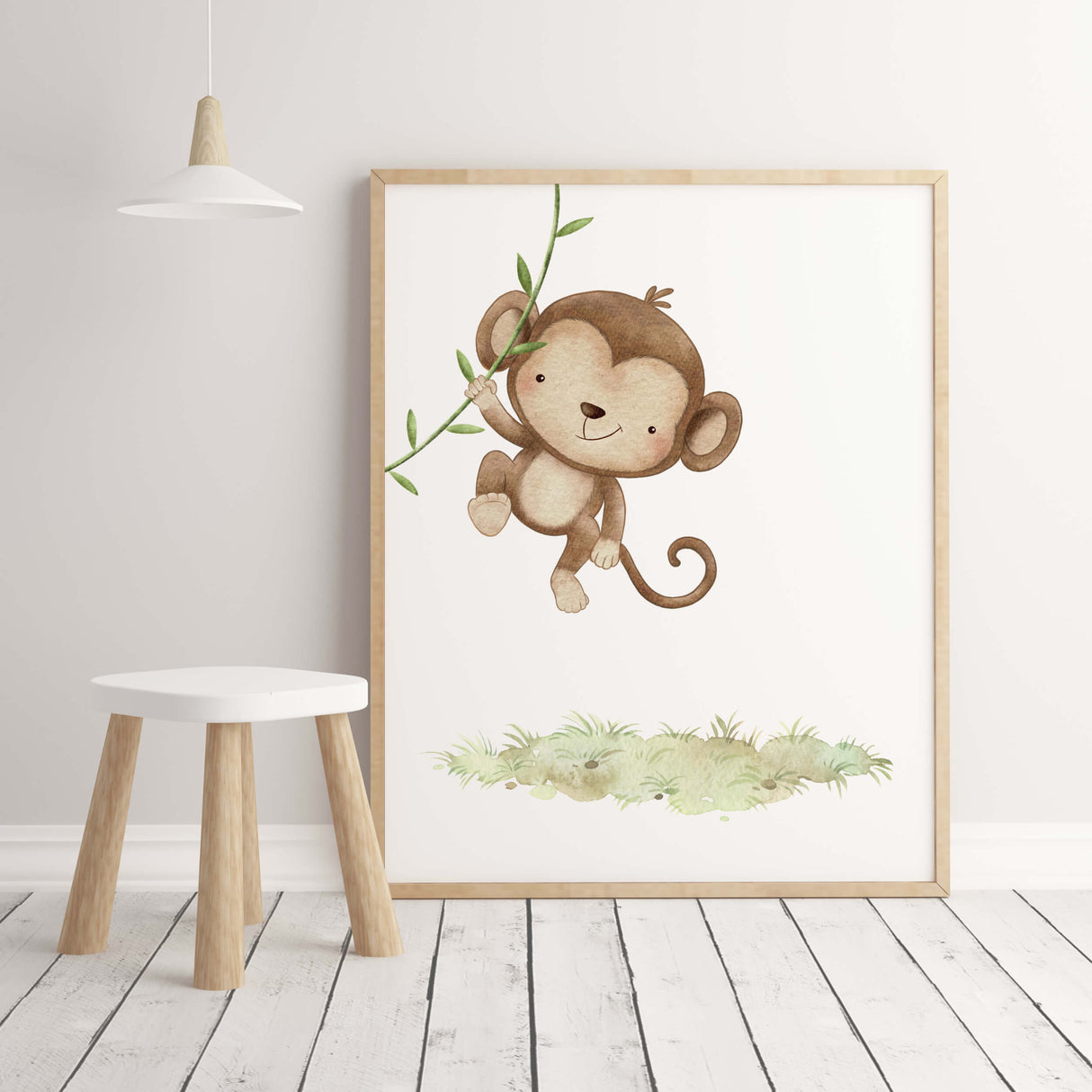 Watercolor safari baby animal with monkey print for gender neutral nursery ideas and decor.