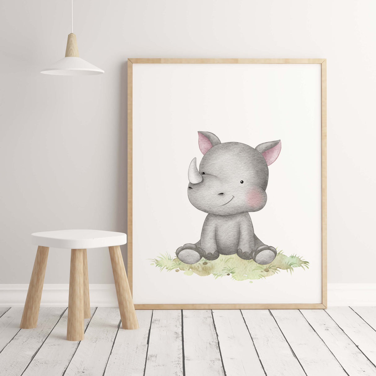 Watercolor safari baby animal with rhino print for gender neutral nursery ideas and decor.
