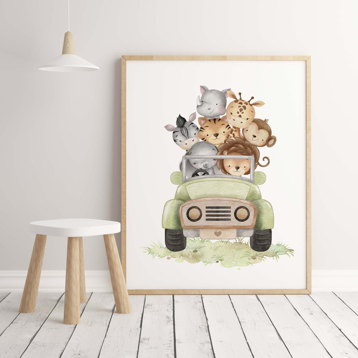 Watercolor safari baby animal with safari car print for gender neutral nursery ideas and decor.