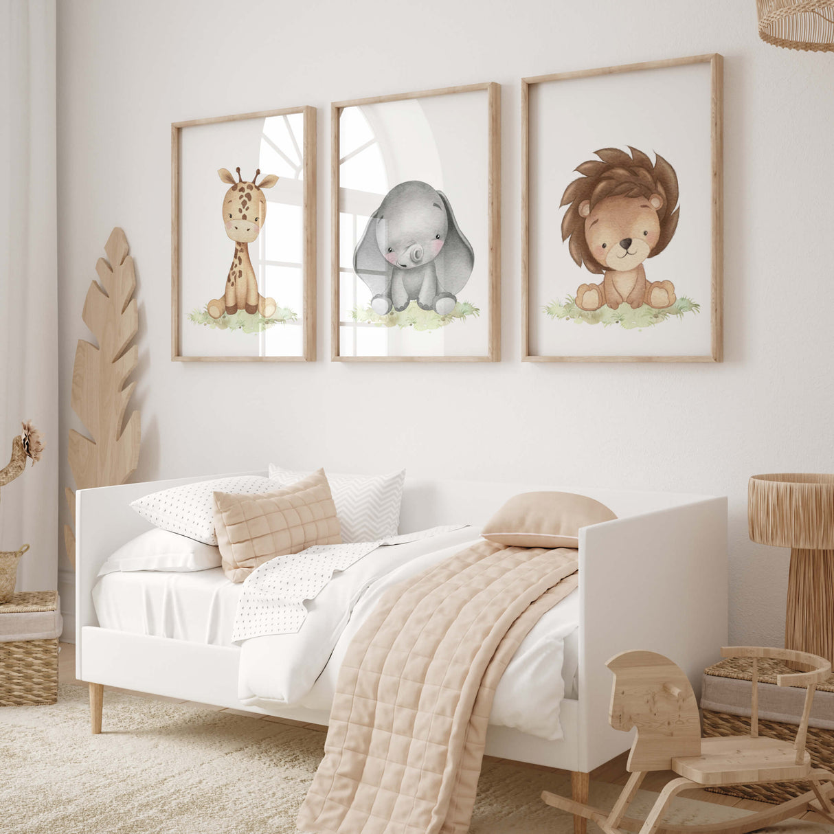 Watercolor safari baby animals with elephant, lion and giraffe print for gender neutral nursery ideas and decor.