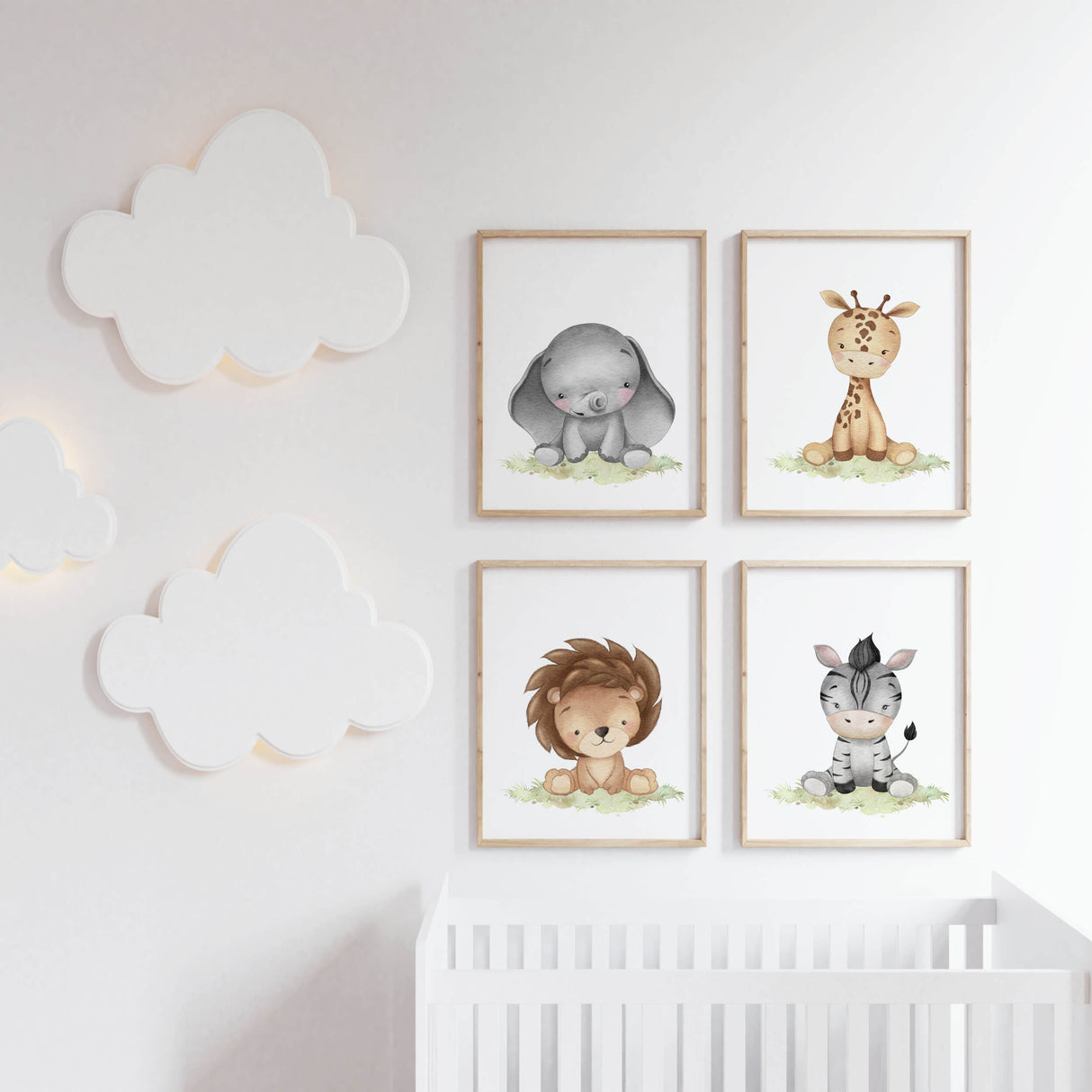 Set of 4 watercolor safari baby animals with zebra, elephant, lion and giraffe print for gender neutral nursery ideas and decor.
