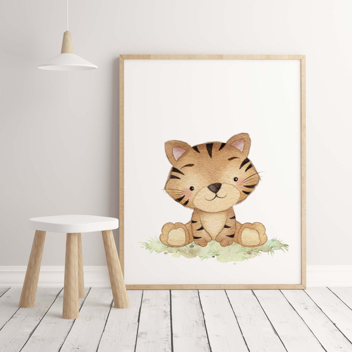 Watercolor safari baby animals with tiger print for gender neutral nursery ideas and decor.