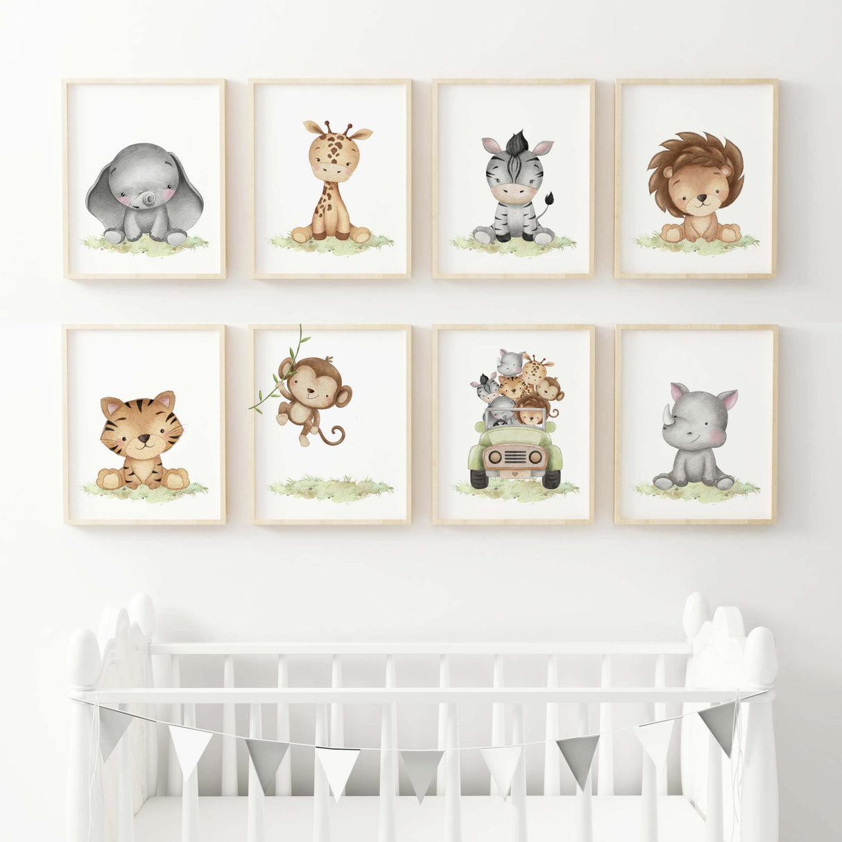 Set of 8 watercolor safari baby animals poster for gender neutral nursery ideas and decor, includes: elephant, giraffe, zebra, lion, tiger, monkey, safari car with animals and rhino.