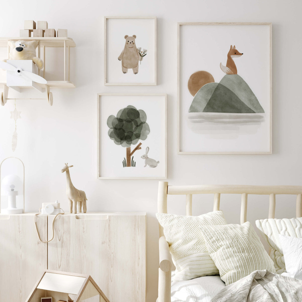 Watercolor boho woodland printable in sage green and brown color with fox, bear and bunny animals for neutral nursery nursery ideas and decor.