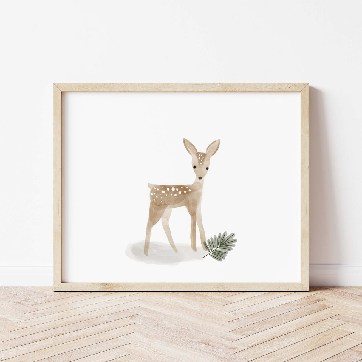 Watercolor deer print with leaf in sage green, brown, gray color for gender neutral nursery decor.