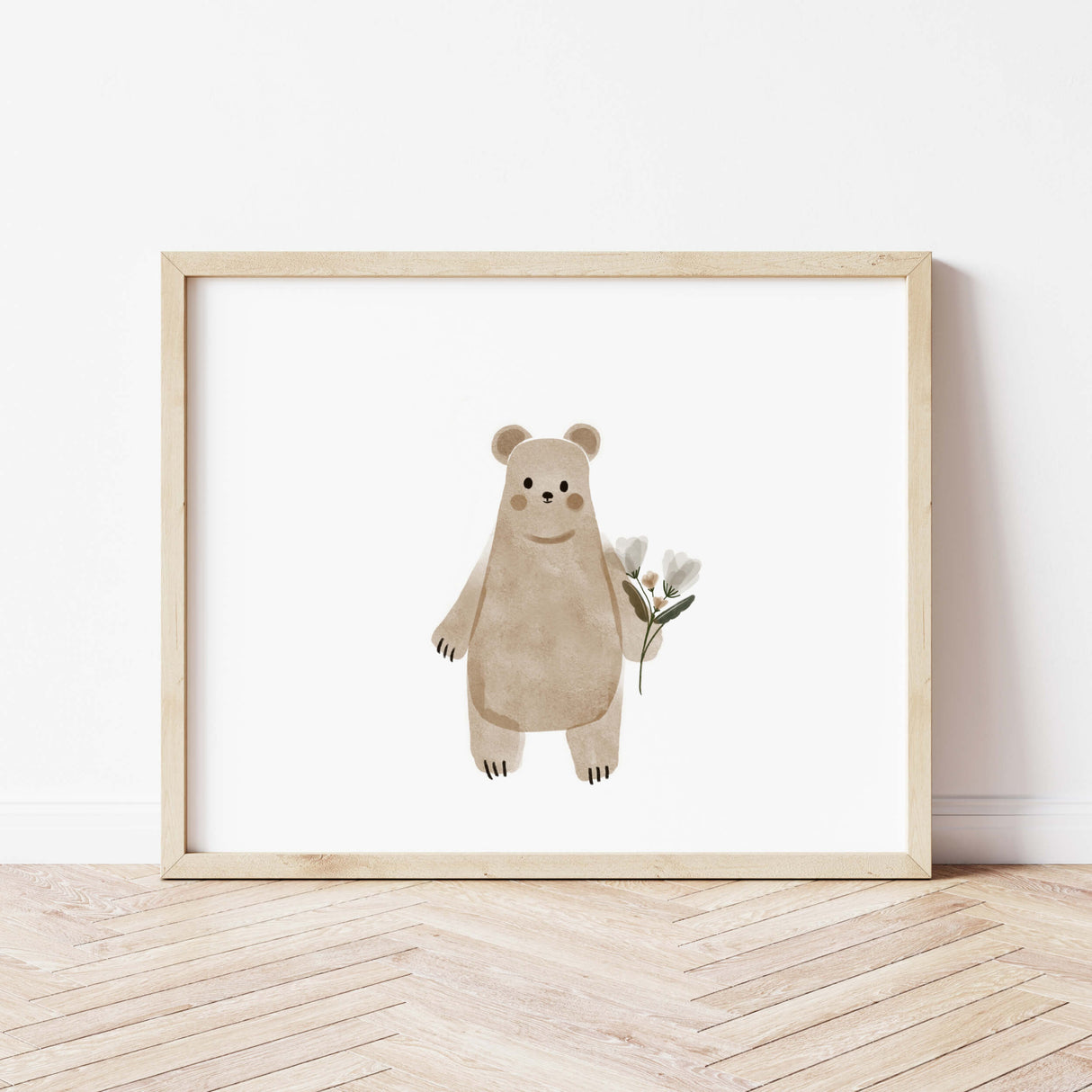 Watercolor bear print with flower in sage green, brown, gray color for gender neutral nursery decor.
