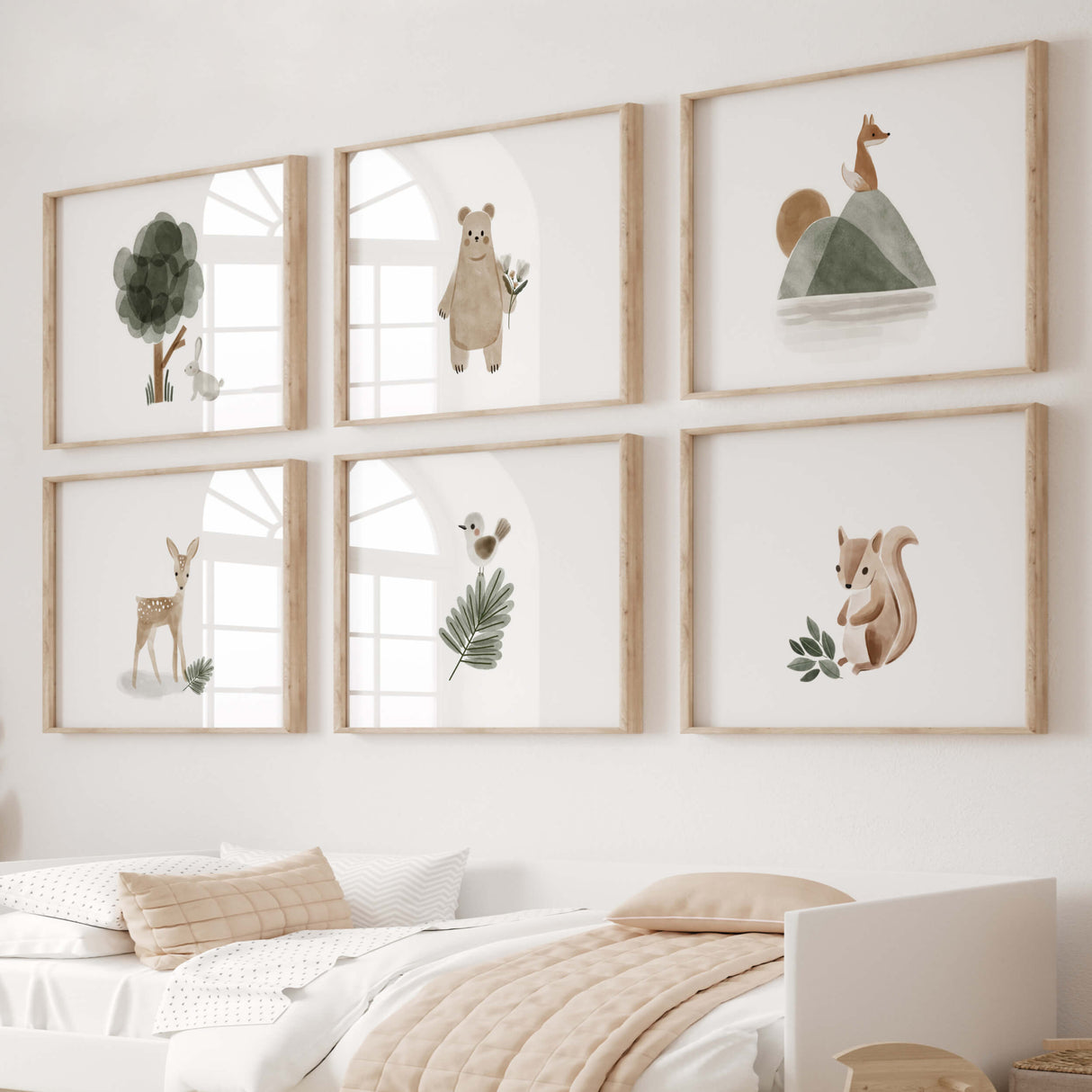 Set of 6 watercolor boho woodland print with bunny, bear, fox, deer, bird, squirell in sage green, brown, gray color for gender neutral nursery decor.