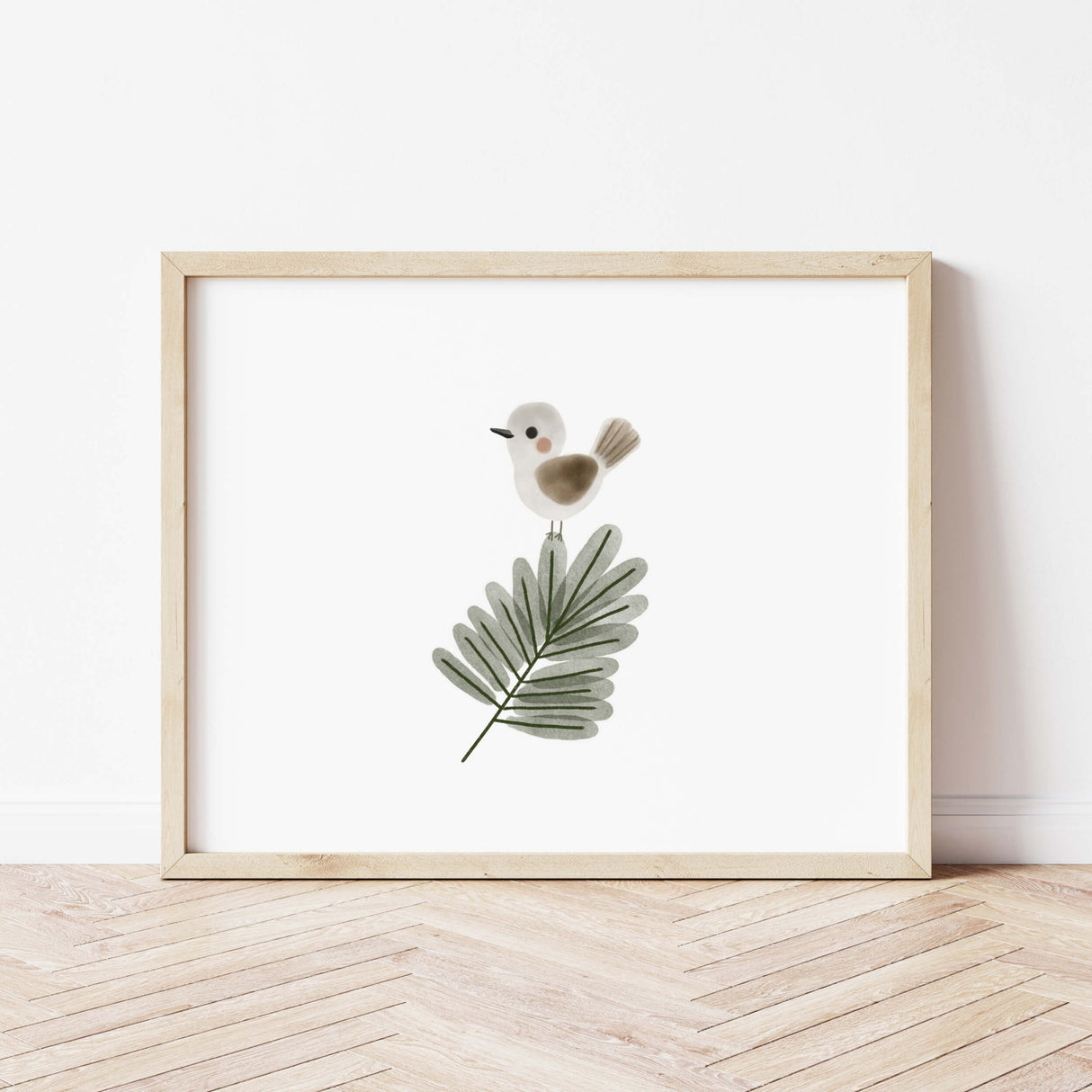Watercolor bird print with leaf in sage green, brown, gray color for gender neutral nursery decor.