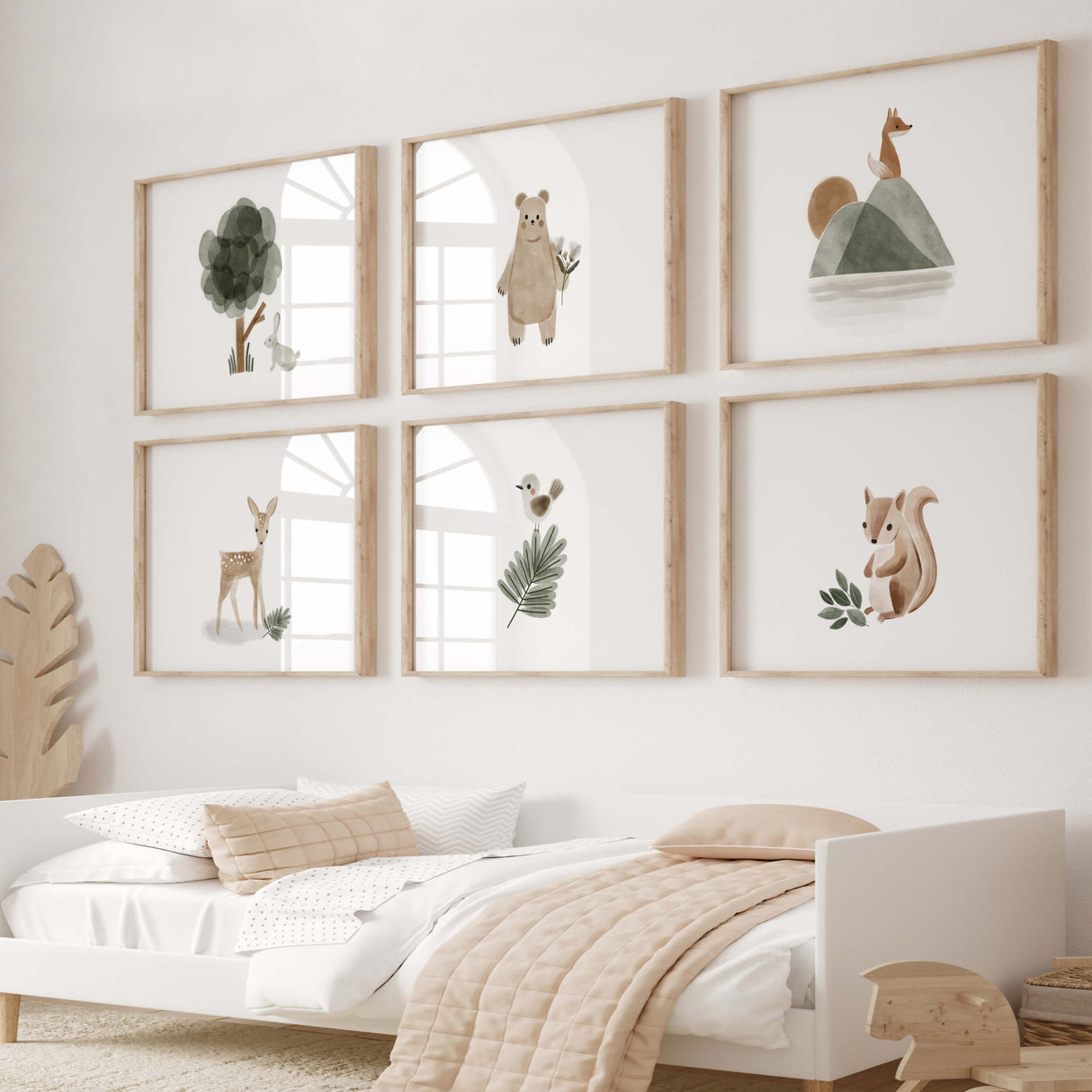 Set of 6 watercolor boho woodland print with bunny, bear, fox, deer, bird, squirell in sage green, brown, gray color for beige nursery decor.