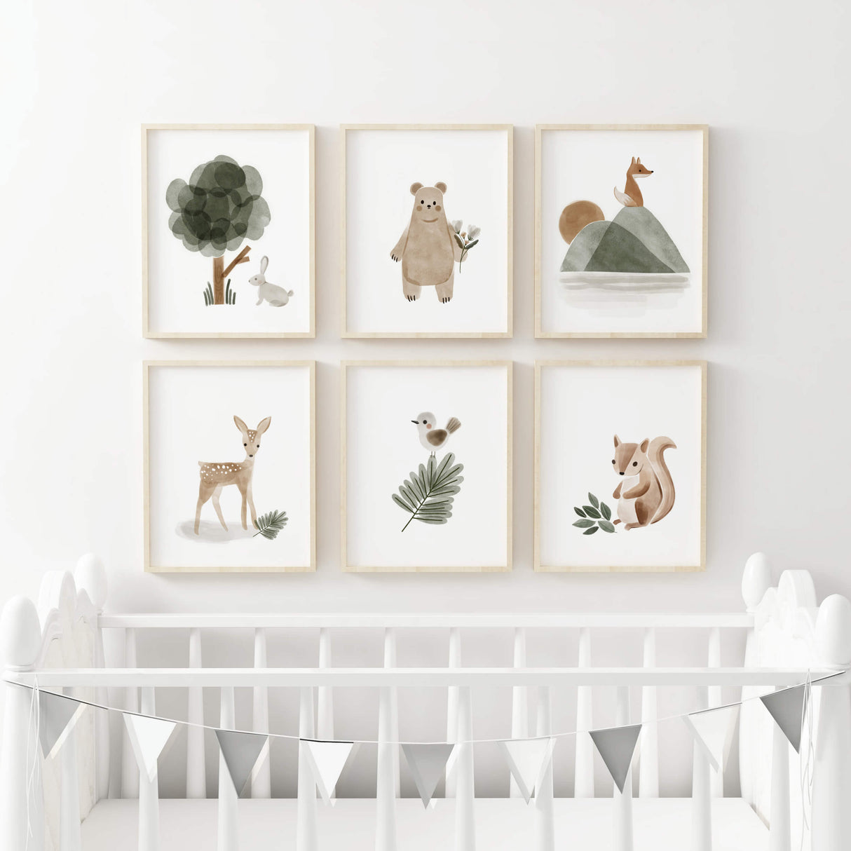 Watercolor boho woodland printable with sage green and brown color for neutral nursery wall decor.