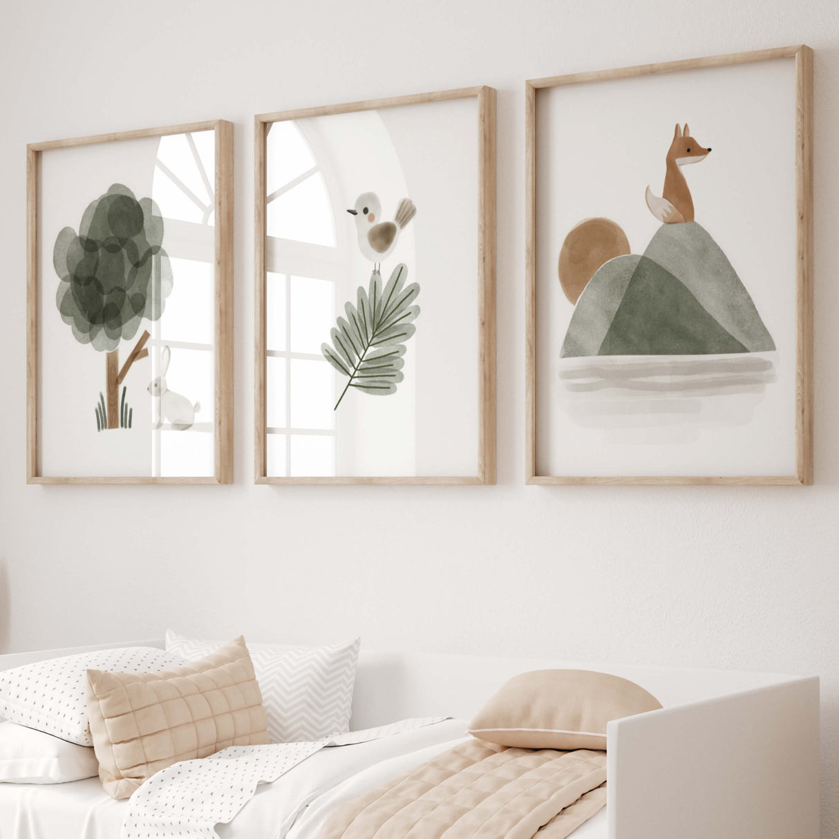 Watercolor woodland poster with bird, bunny, fox, sunrise, mountain, tree, leaf for boho gender neutral nursery ideas.