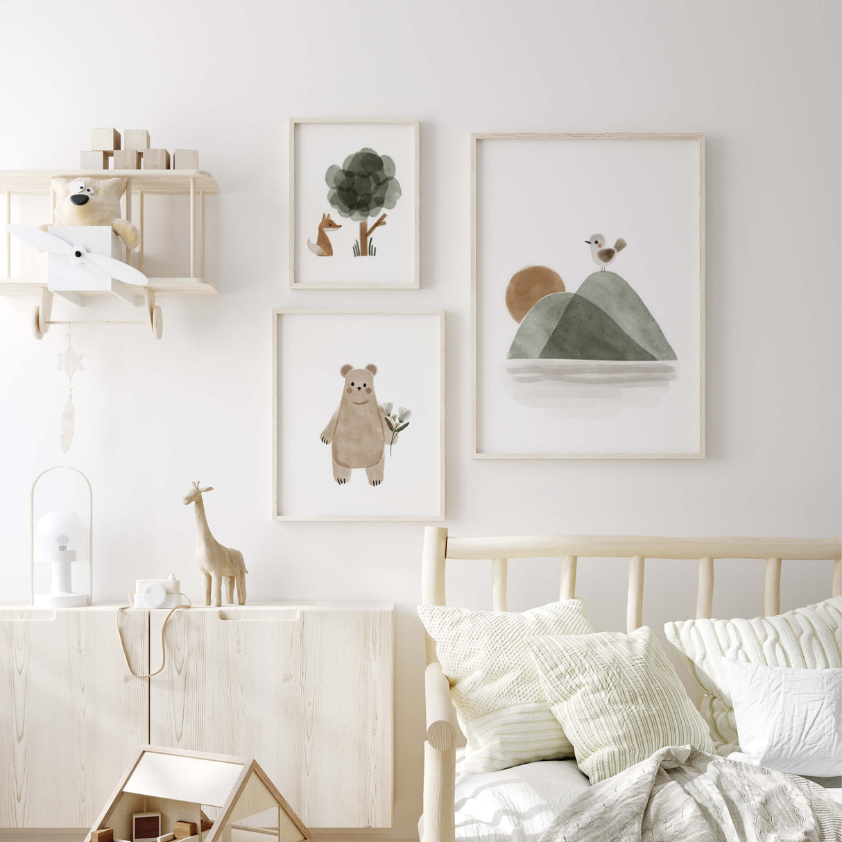 Watercolor boho woodland with fox, bear, bird poster in sage green, brown, gray for gender neutral nursery decor.