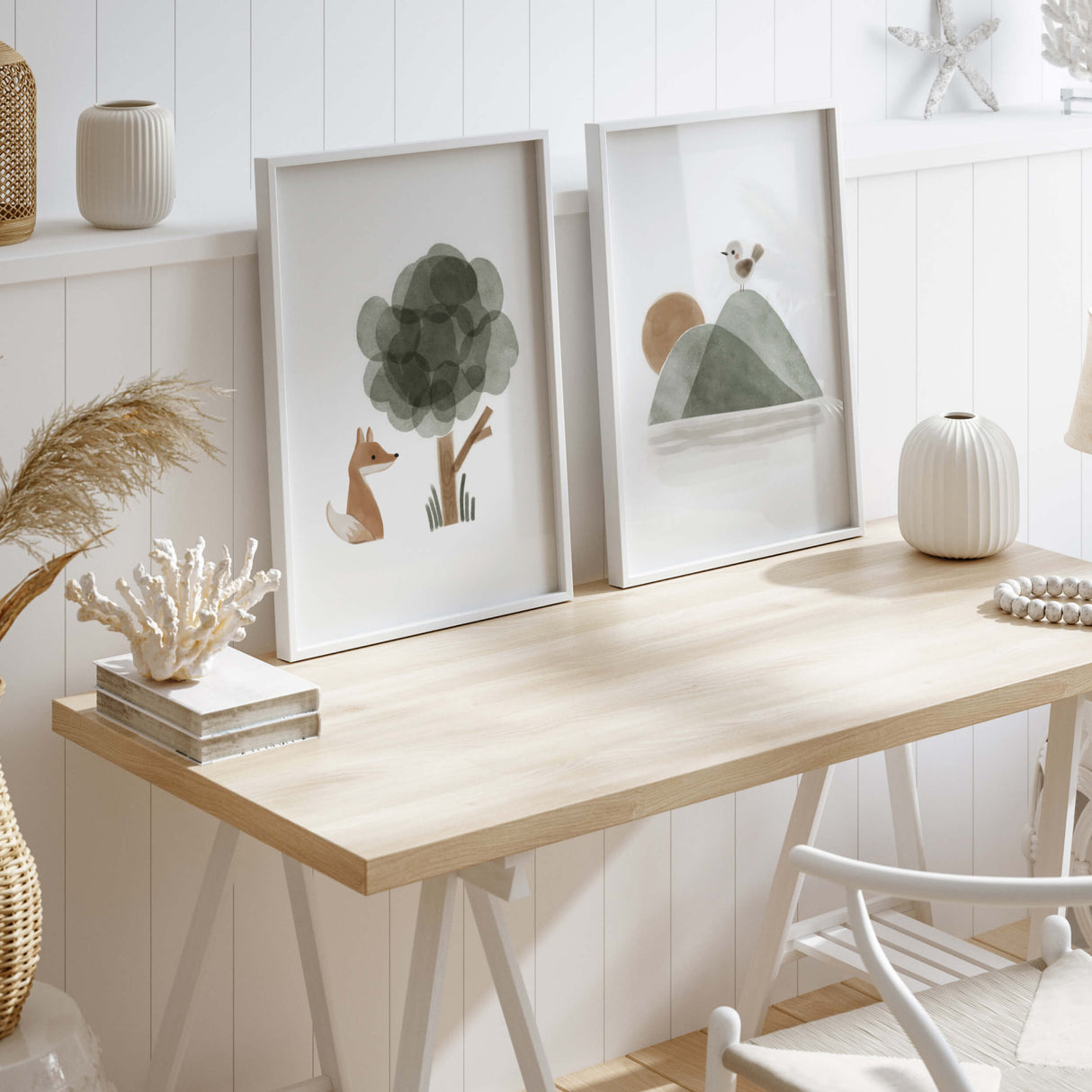 Set of 2 watercolor woodland with sage green, brown, gray colors in boho style for gender neutral nursery ideas