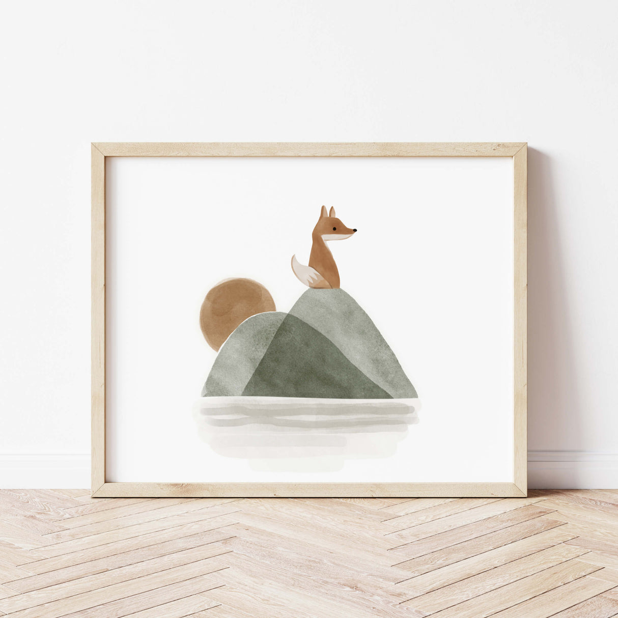 Watercolor fox print with moutain, sunrise in sage green, brown, gray color for gender neutral nursery decor.