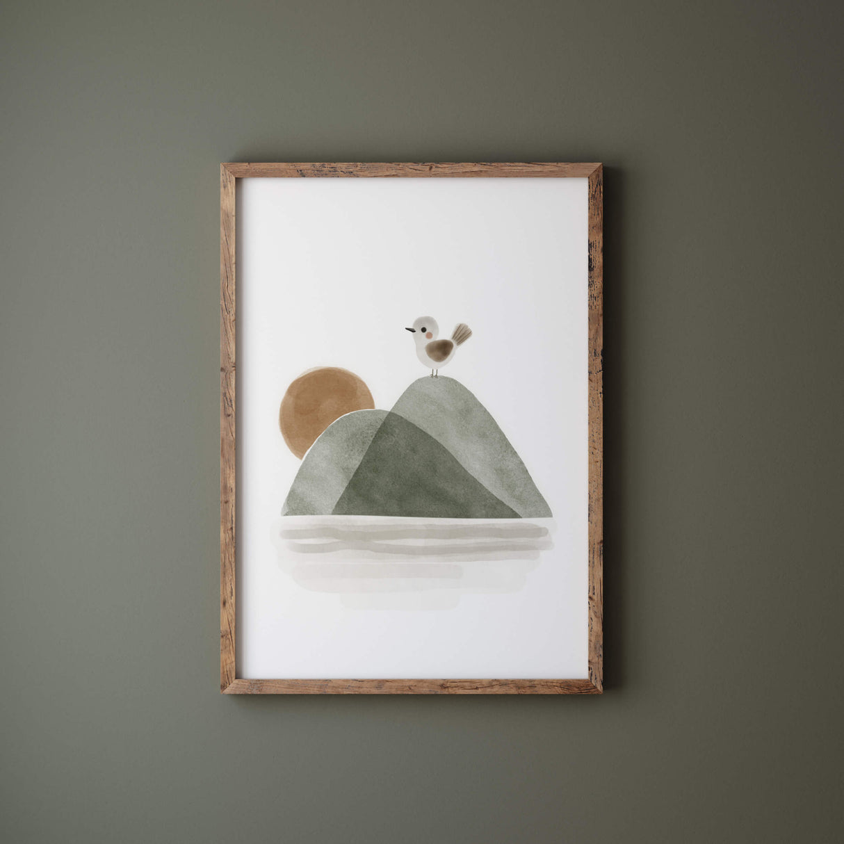 Watercolor boho woodland with bird and sunrise, moutain print in sage green, brown, gray for gender neutral nursery decor.