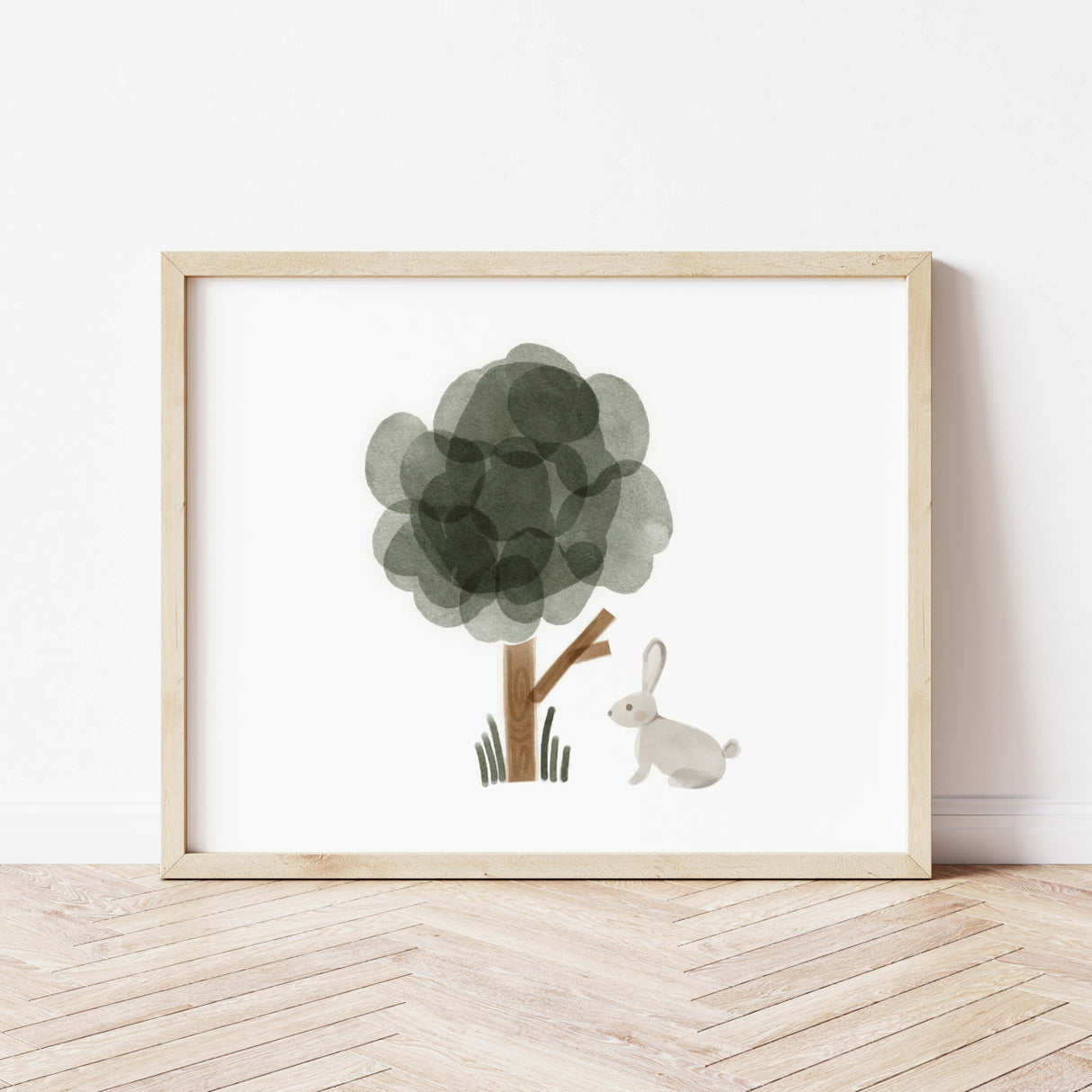 Watercolor bunny print with tree in sage green, brown, gray color for gender neutral nursery decor.
