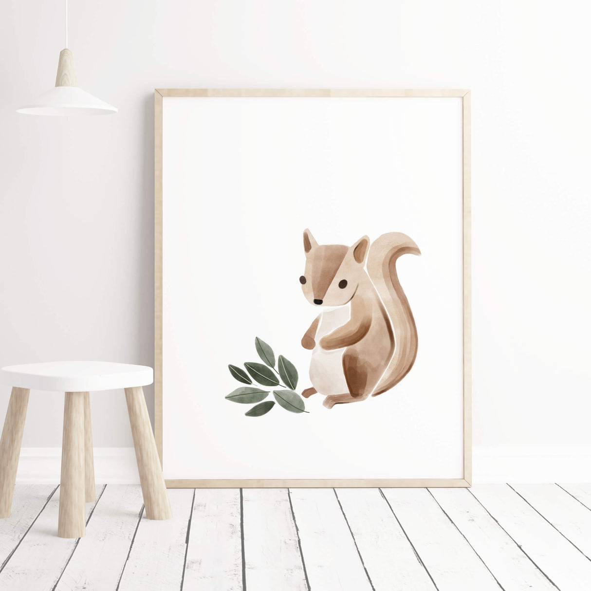Watercolor boho squirell with leaf print for neutral nursery decor.