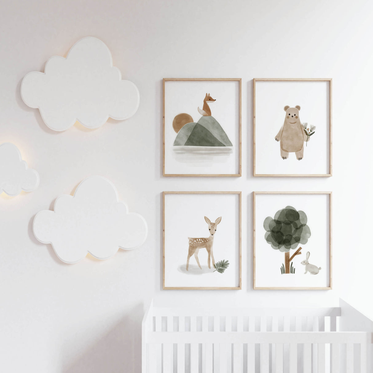 Set of 4 watercolor boho woodland print with bear, fox, deer and bunny for neutral nursery decor