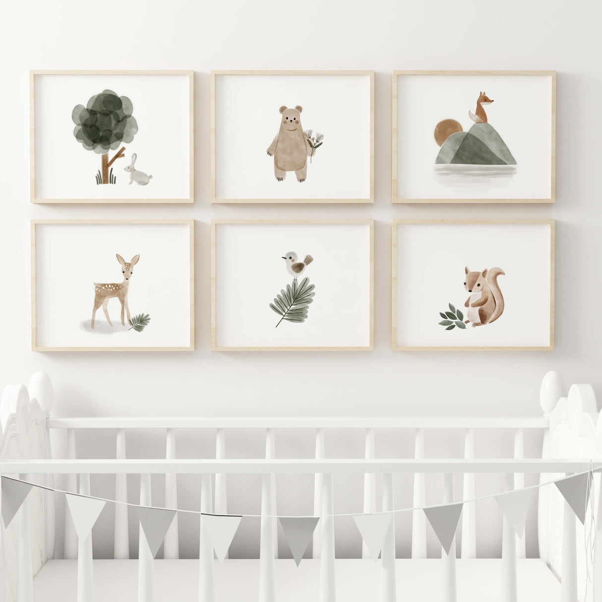 Watercolor woodland print in sage green, brown, gray color for gender neutral nursery ideas.