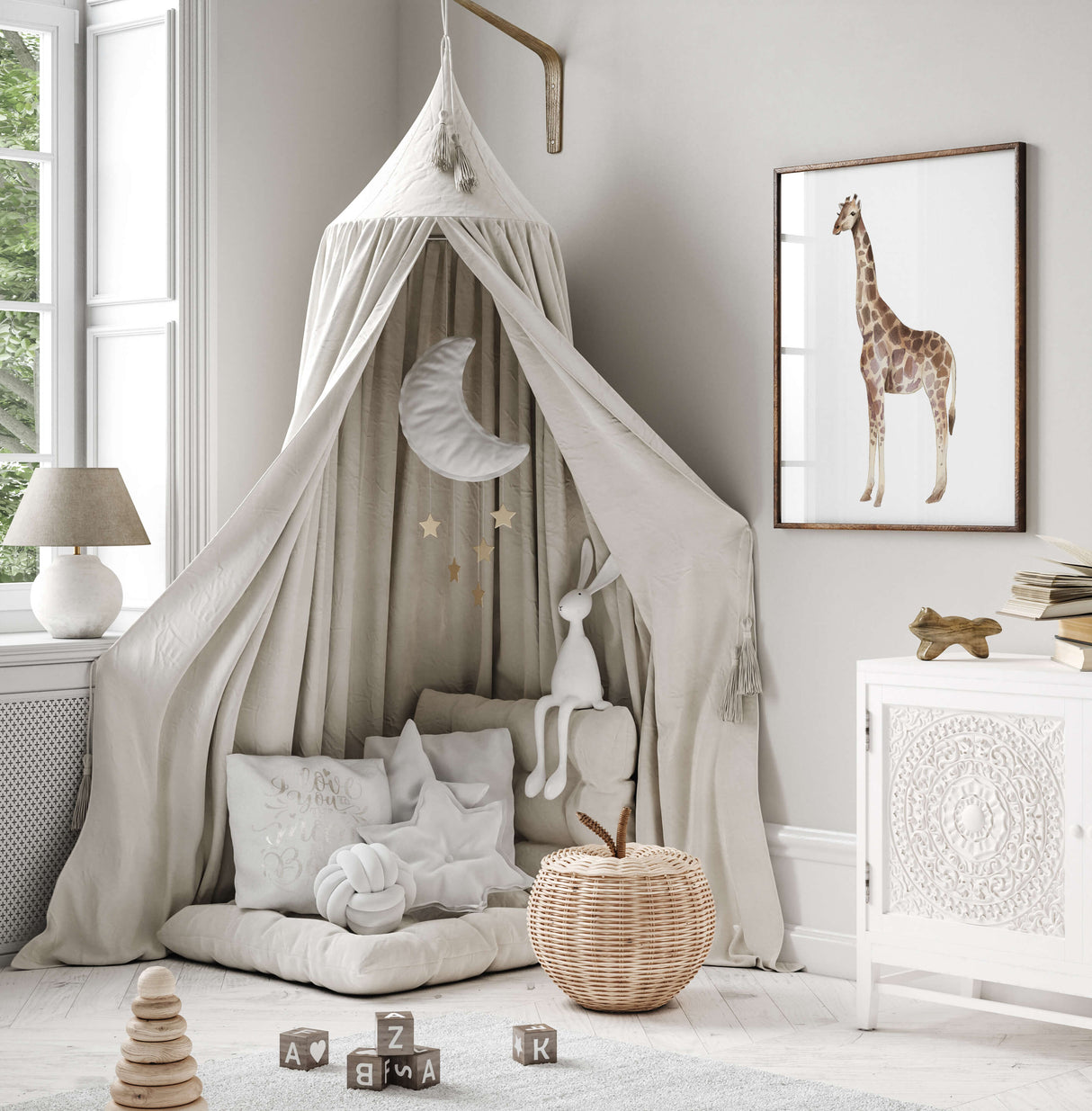 Watercolor giraffe poster in neutral colors print for gender neutral nursery ideas and decor, boys room decor, girls room decor, boho nursrey decor, elegant nursery decor.