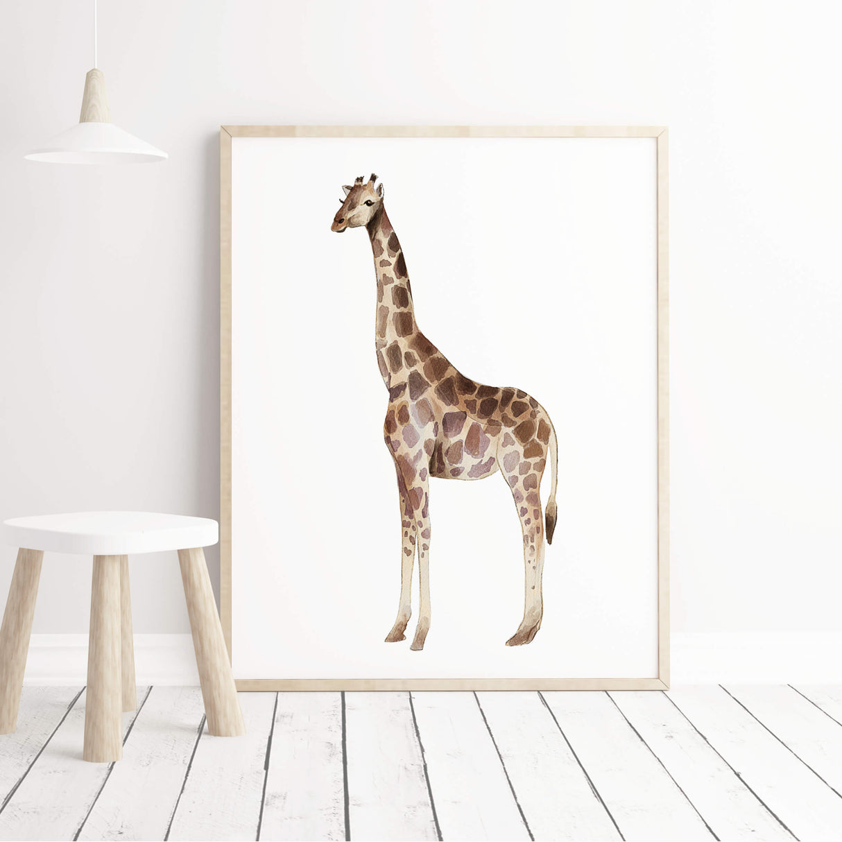 Watercolor giraffe print in neutral colors print for gender neutral nursery ideas and decor, boys room decor, girls room decor, boho nursrey decor, elegant nursery decor.