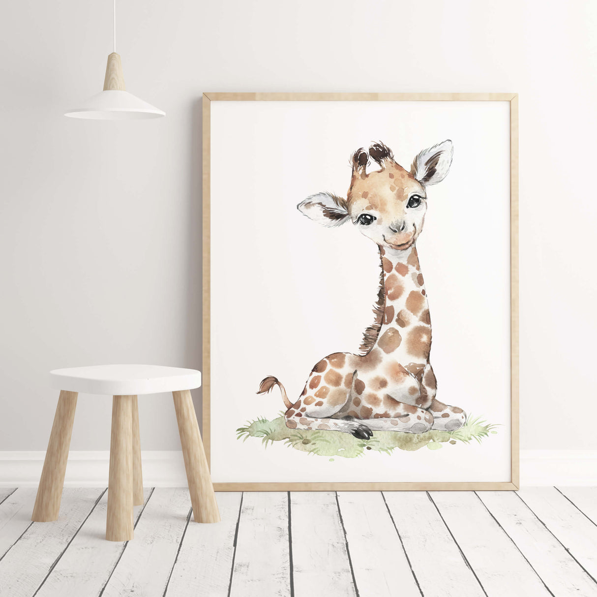 Watercolor safari animal with giraffe print for gender neutral nursery decor and ideas, boho nursery decor.