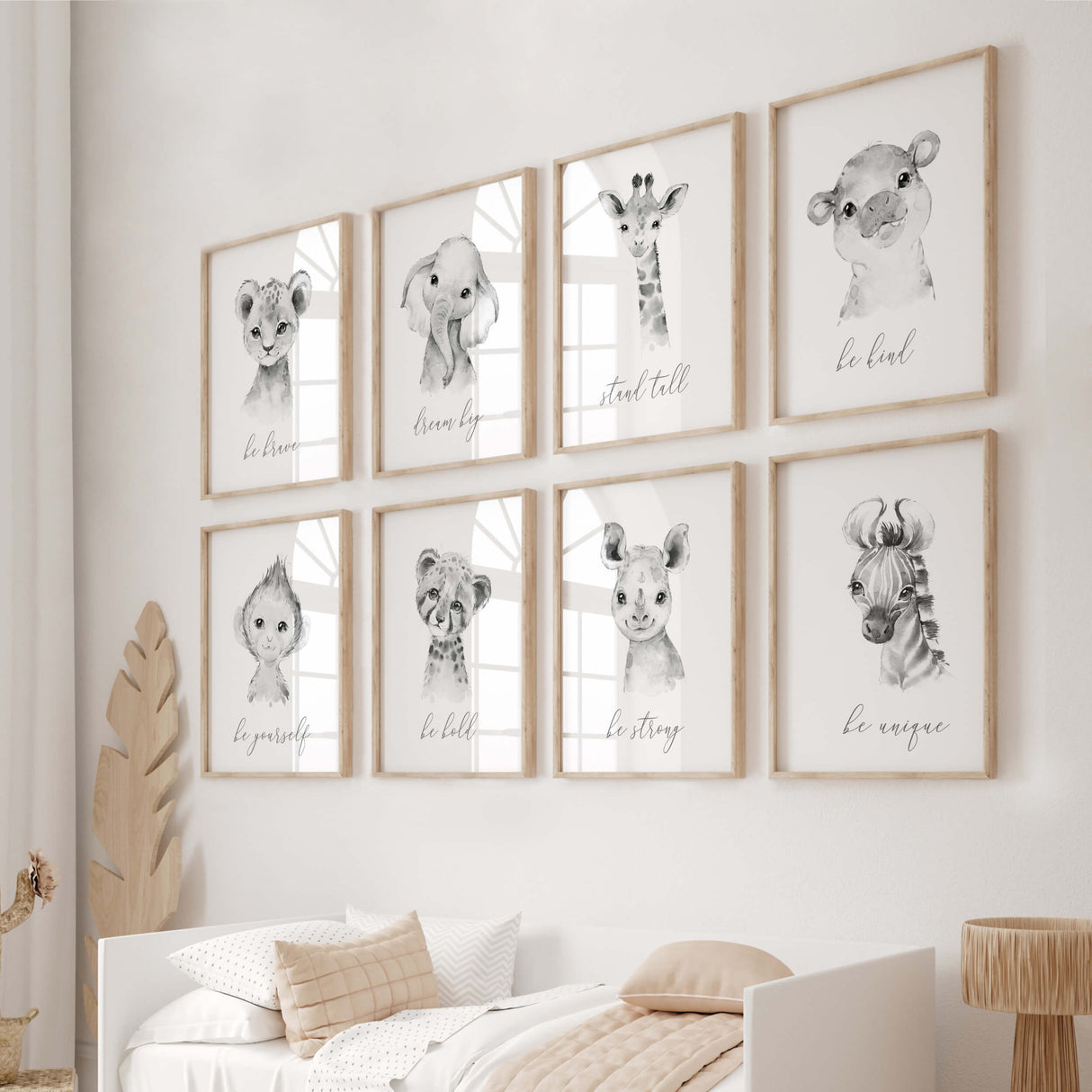 Set of 8 watercolor safari print with inspirational quote in gray, black and white colors for gender neutral nursery decor, boho nursery decor, sage green nursery decor, includes: lion - be brave, Elephant - dream big, Giraffe - stand tall, Hippo - be kind, Zebra - be unique, monkey - be yourself, leopard - be bold, rhino - be strong.