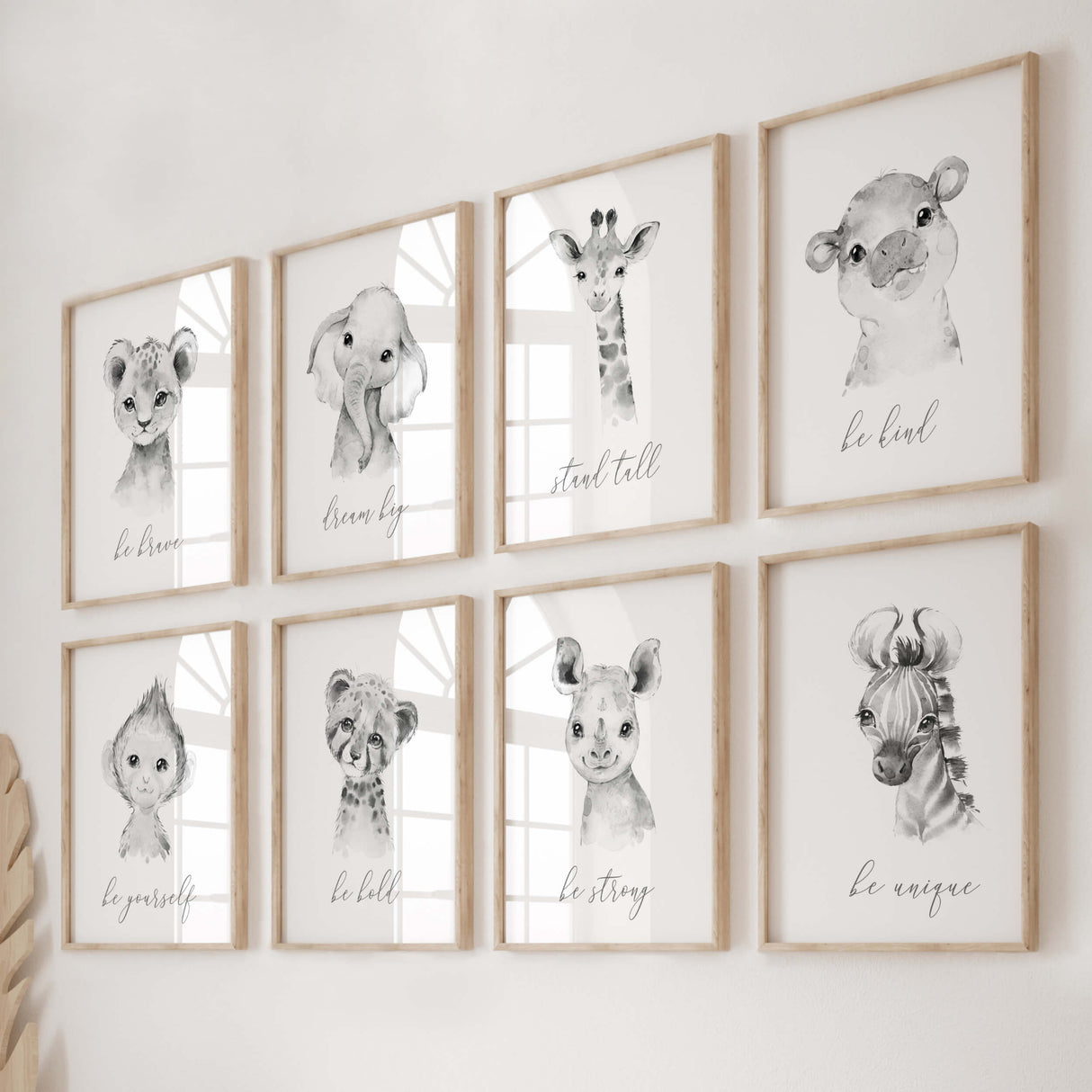 Set of 8 watercolor safari poster with inspirational quote in gray, black and white colors for gender neutral nursery decor, boho nursery decor, sage green nursery decor, includes: lion - be brave, Elephant - dream big, Giraffe - stand tall, Hippo - be kind, Zebra - be unique, monkey - be yourself, leopard - be bold, rhino - be strong.