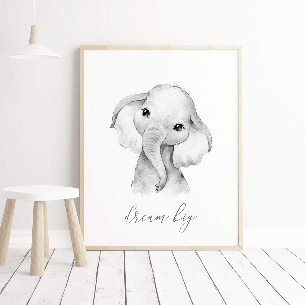 Watercolor safari poster with dream big inspirational quote, elephant in gray, black and white colors for gender neutral nursery decor, boho nursery decor, sage green nursery decor.