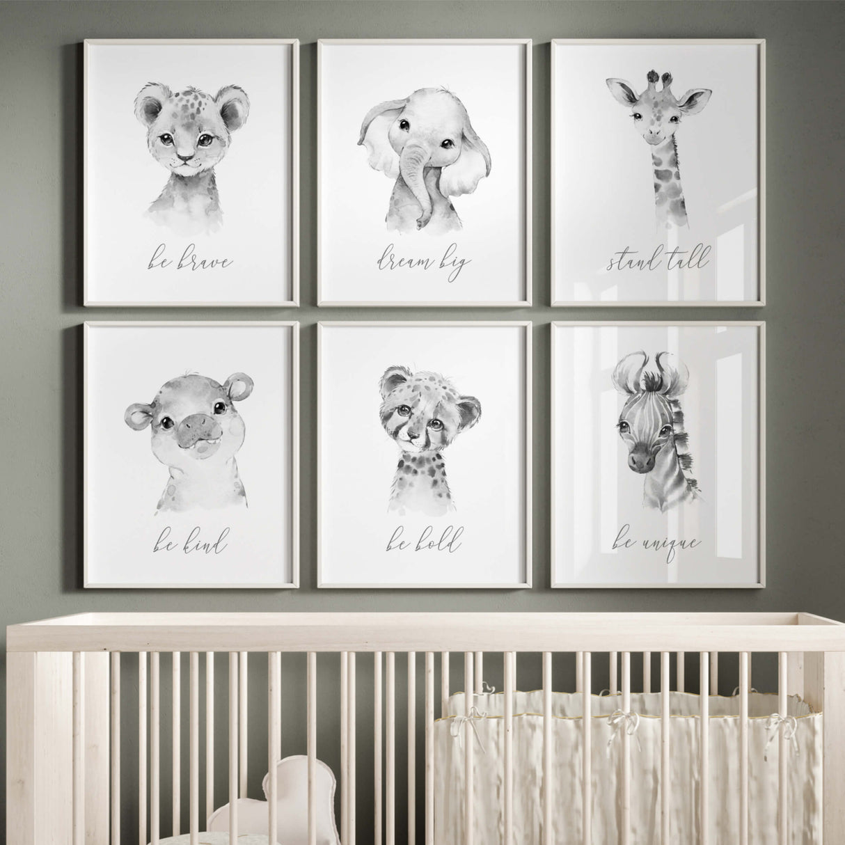 Set of 6 watercolor safari prrintable with inspirational quote in gray, black and white colors for gender neutral nursery decor, boho nursery decor, sage green nursery decor, includes: lion - be brave, Elephant - dream big, Giraffe - stand tall, Hippo - be kind, Zebra - be unique, leopard - be bold.