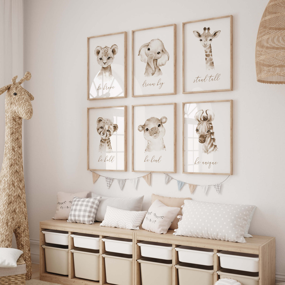 Set of 6 watercolor safari poster with inspirational quote in brown, beige colors for gender neutral nursery decor, boho nursery decor, includes: lion - be brave, Elephant - dream big, Giraffe - stand tall, Hippo - be kind, Zebra - be unique, leopard - be bold.
