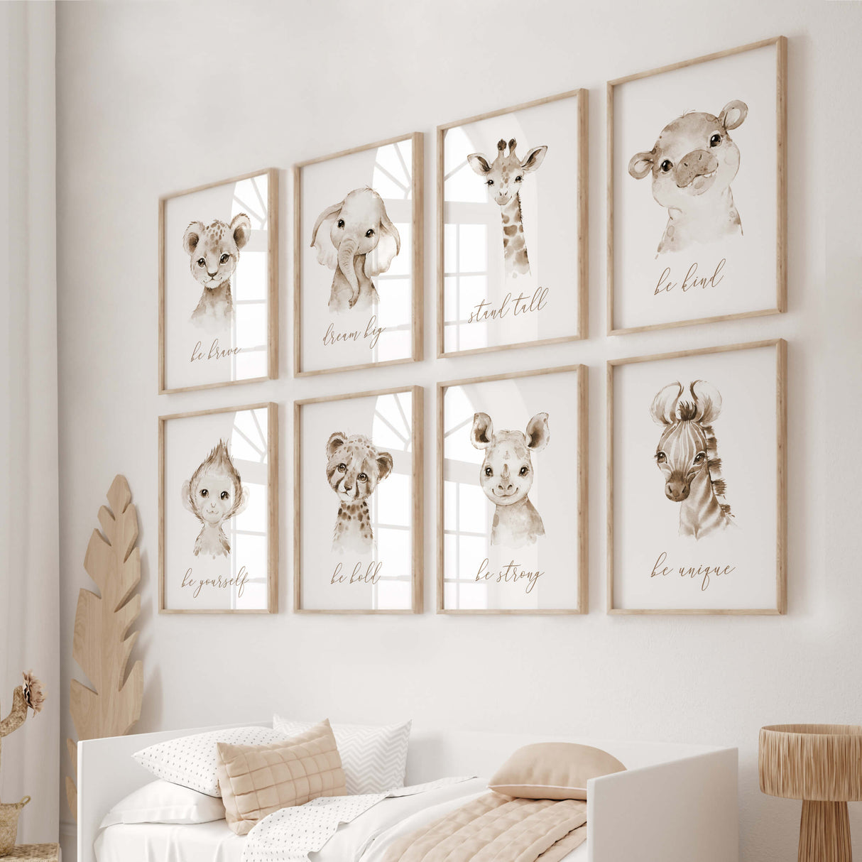 Set of 8 watercolor safari printable with inspirational quote in brown, beige colors for gender neutral nursery decor, boho nursery decor, includes: lion - be brave, Elephant - dream big, Giraffe - stand tall, Hippo - be kind, Zebra - be unique, monkey - be yourself, leopard - be bold, rhino - be strong.