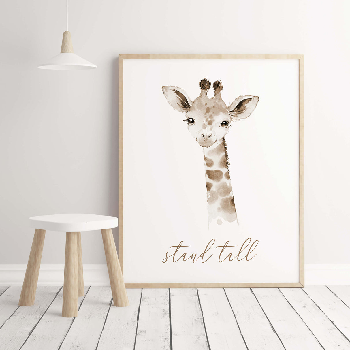 Watercolor giraffe print with stand tall inspirational quote in brown, beige colors for gender neutral nursery decor, boho nursery decor.
