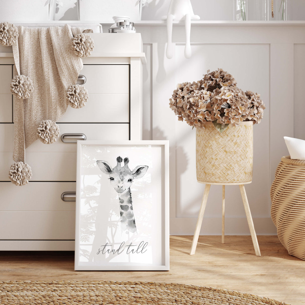 Watercolor safari poster with stand tall inspirational quote, giraffe in gray, black and white colors for gender neutral nursery decor, boho nursery decor, sage green nursery decor.