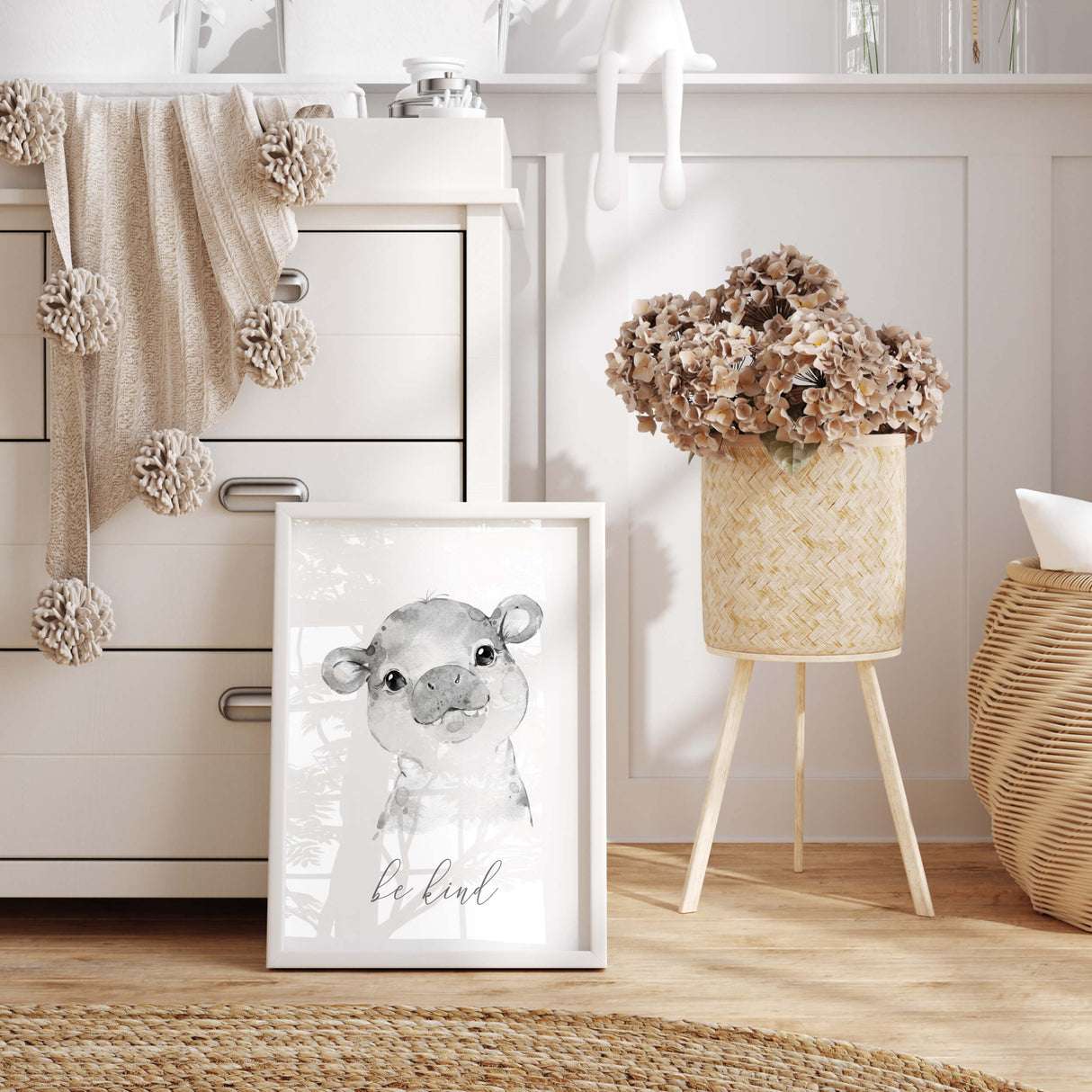 Watercolor safari poster with be kind inspirational quote, hippo in gray, black and white colors for gender neutral nursery decor, boho nursery decor, sage green nursery decor.